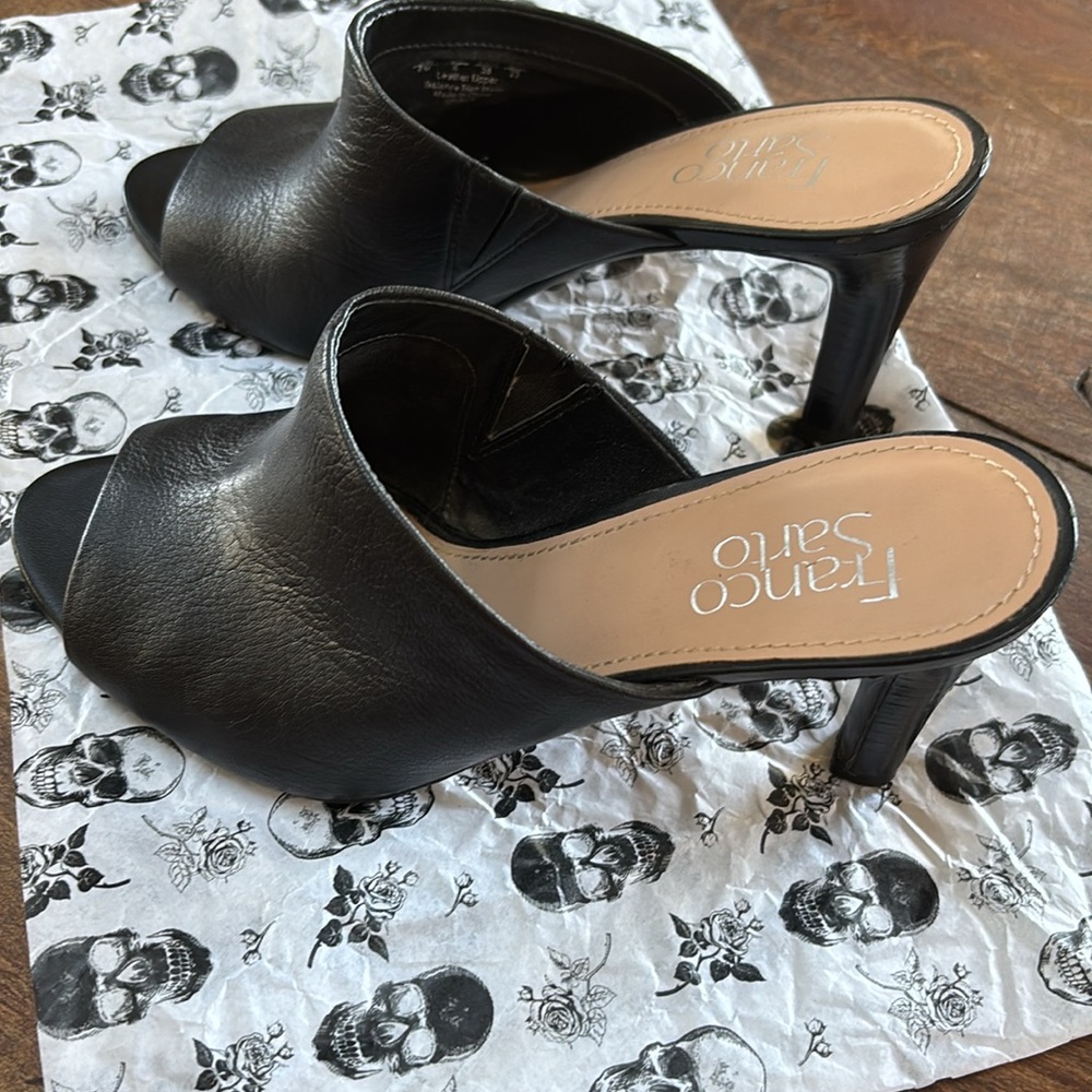 Franco Sarto Black Leather Mules with Open Toe Design - 4” heel